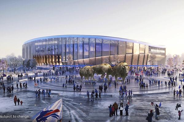 FILE -This artist rendering, provided by the National Football League Buffalo Bills, Thursday, March 2, 2023, shows the team's proposed new stadium in Orchard Park, N.Y. The Buffalo Bills moved one major step closer to breaking ground on their new stadium by next month after formally submitting the final agreements -- including a 30-year lease -- to the county on Monday, April 3, 2023. (Courtesy of Buffalo Bills via Populous, via AP, File)