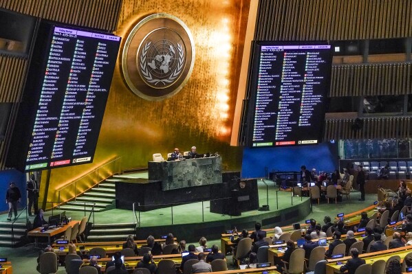 Results are displayed as the U.N. General Assembly voted for a non-binding resolution calling for a 