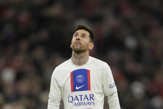 PSG's Lionel Messi reacts during the Champions League round of 16 second leg soccer match between Bayern Munich and Paris Saint Germain at the Allianz Arena in Munich, Germany, Wednesday, March 8, 2023. (AP Photo/Andreas Schaad)