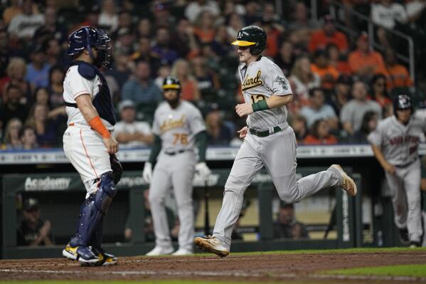 Houston Astros' L.J. Hoes, right, celebrates after his solo home run  against the Oakland Athletics during the 12th inning of a baseball game on  Tuesday, July 22, 2014, in Oakland, Calif. Houston