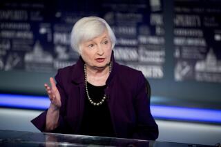 FILE - In this Aug. 14, 2019, file photo former Fed Chair Janet Yellen speaks with FOX Business Network guest anchor Jon Hilsenrath in the Fox Washington bureau in Washington. Treasury Secretary Yellen announced on Friday, May 7, 2021, that she was appointing Michael J. Hsu, a top banking regulator at the Federal Reserve, to be the acting U.S. Comptroller of the Currency. Yellen said that she planned to designate Hsu as first deputy comptroller which will allow him to serve as acting comptroller. (AP Photo/Andrew Harnik, File)