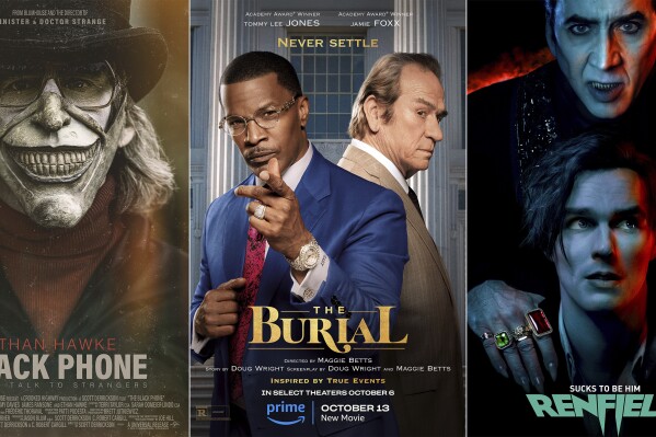This combination of images shows promotional art for "Black Phone," a film streaming Thursday on Peacock, left, "The Burial," a film streaming Friday on Prime Video center, and "Renfield," streaming Tuesday on Prime Video. (Peacock/Prime Video/Prime Video via AP)