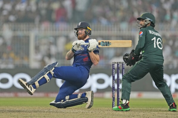 England's Ben Stokes bats during the ICC Men's Cricket World Cup match between Pakistan and England in Kolkata, India, Saturday, Nov. 11, 2023. (AP Photo/Bikas Das)