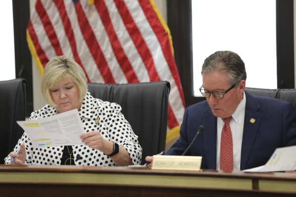 South Carolina Rep. Shannon Erickson R-Beaufort, left, and Sen. Greg Hembree, R-Little River, right, look over a bill that would limit the way certain topics could be taught in public schools during a conference committee meeting on Tuesday, May 7, 2024, in Columbia, S.C. (AP Photo/Jeffrey Collins)