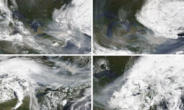 These satellite images from June 6, from top left, June 7, June 25, and June 27, 2023, show the wind movement from wildfire smoke in Quebec, Canada. Heavy smoke from wildfires in Canada has blanketed parts of the Midwest, causing hazardous air for residents, just weeks after drifting smoke did the same thing along parts of the East Coast. (NASA Worldview, (EOSDIS) via AP)