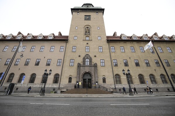 General view of the Stockholm District Court ahead of the main hearing against the former Syrian brigadier general Mohammed Hamo, who stands accused of aiding and abetting war crimes in Syria in 2012, and whose trial starts today, Monday April 15, 2024 (Oscar Olsson/TT News Agency via AP)