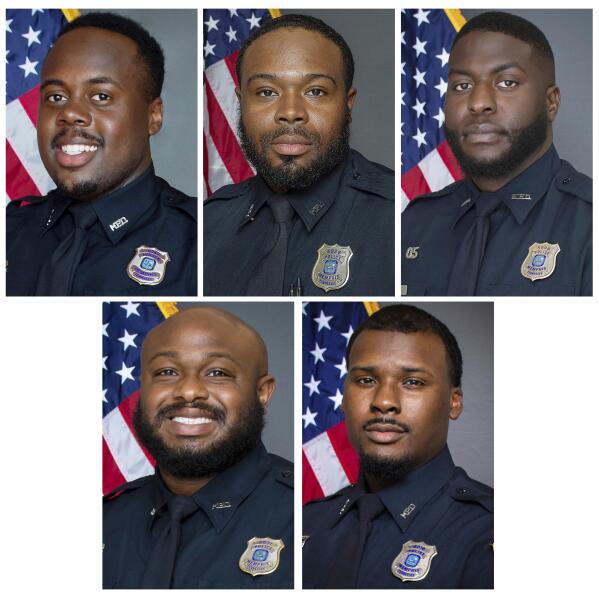 This combo of images provided by the Memphis Police Department shows, from top row from left, officers Tadarrius Bean, Demetrius Haley, Emmitt Martin III, bottom row, from left, Desmond Mills, Jr. and Justin Smith. The five former Memphis police officers have been charged with second-degree murder and other crimes in the arrest and death of Tyre Nichols, a Black motorist who died three days after a confrontation with the officers during a traffic stop, records showed Thursday, Jan. 26, 2023. (Memphis Police Department via AP)