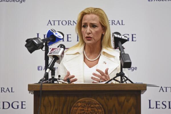 Arkansas Attorney General Leslie Rutledge speaks during a news conference to announce the lawsuit filed against Family Dollar following a rodent infestation at its West Memphis distribution center, Thursday, April 28, 2022 in Little Rock, Ark.. (Staci R. Vandagriff/The Arkansas Democrat-Gazette via AP)