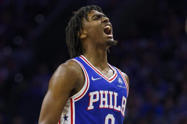 Philadelphia 76ers' Tyrese Maxey reacts during the second half of Game 1 of an NBA basketball first-round playoff series against the Toronto Raptors, Saturday, April 16, 2022, in Philadelphia. The 76ers won 131-111. (AP Photo/Chris Szagola)
