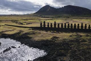 FILE - Moai statues stand on Ahu Tongariki near the Rano Raraku volcano, top, on Rapa Nui, or Easter Island, Chile, Nov. 27, 2022. According to Salvador Atan Hito, vice president of the Ma'u Henua Indigenous community which administers the archaeological treasure of Rapa Nui, on March 1, 2023, a small moai was discovered recently in the middle of a dry lagoon inside the volcano's crater. (AP Photo/Esteban Felix, File)