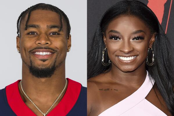 Jonathan Owens of the Houston Texans NFL football team appears in 2021, left, and Olympic gymnast Simone Biles appears at the MTV Video Music Awards in New York on Sept. 12, 2021. Biles confirmed on her social media account that she and Owens are engaged. (AP Photo)