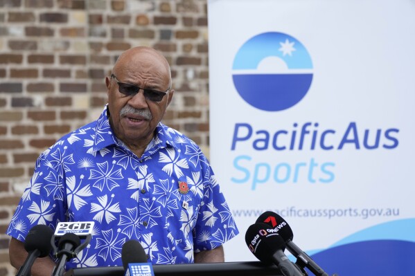 Fiji's Prime Minister Sitiveni Rabuka makes a speech as he visits the New South Wales Rugby Union Centre of Excellence in Sydney during an official visit to Australia, Monday, Oct. 16, 2023. (AP Photo/Rick Rycroft)