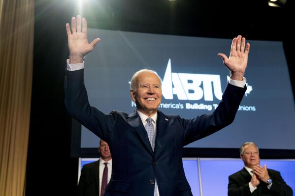 President Joe Biden departs after speaking at the North America's Building Trades Union National Legislative Conference at the Washington Hilton in Washington, Tuesday, April 25, 2023. (AP Photo/Andrew Harnik)