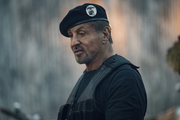 This image released by Lionsgate shows Sylvester Stallone in a scene from "The Expend4bles." (Lionsgate via AP)