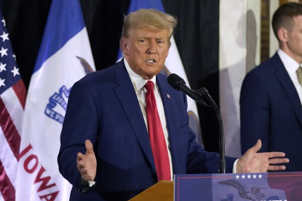 Former President Donald Trump speaks to campaign volunteers at the Elks Lodge, Tuesday, July 18, 2023, in Cedar Rapids, Iowa. (AP Photo/Charlie Neibergall)
