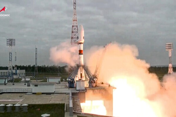 In this photo taken from video and released by Roscosmos State Space Corporation, the Soyuz-2.1b rocket with the moon lander Luna-25 automatic station takes off from a launch pad at the Vostochny Cosmodrome in the Russia's Far East, on Friday, Aug. 11, 2023. The Russian space agency says its Luna-25 spacecraft has crashed into the moon. Russia’s unmanned robot lander crashed after it had spun into uncontrolled orbit, the country’s space agency Roscosmos reported on Sunday, Aug. 20. 2023. (Roscosmos State Space Corporation via AP)