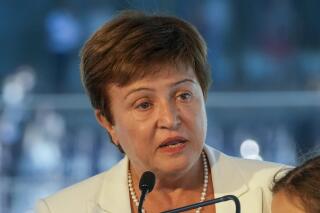 FIEL - In this Sept. 6, 2021, file photo, Kristalina Georgieva, managing director of the International Monetary Fund, delivers a speech during the opening ceremony for the Floating Office where a high-level dialogue on climate adaptation takes place in Rotterdam, Netherlands. The World Bank is canceling a prominent report on business conditions around the world after investigators found staff members were pressured by the bank’s leaders to alter data about China and some other governments. Georgieva said she disagreed with the findings. (AP Photo/Peter Dejong, File)