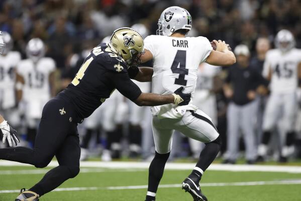 A detailed view of the cleat of Derek Carr of the Las Vegas