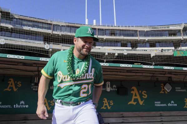 FILE - Oakland Athletics' Stephen Vogt steps on the field before a baseball game against the Los Angeles Angels in Oakland, Calif., Wednesday, Oct. 5, 2022. Retired catcher Stephen Vogt is joining the Seattle Mariners as a bullpen and quality control coach, fulfilling his goal to go right into coaching. The 38-year-old Vogt called it a career after his 10th major league season in 2022.(AP Photo/Godofredo A. Vásquez, File)