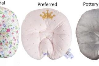 This photo released by the U.S. Consumer Product Safety Commission on Tuesday, June 6, 2023, shows, from left, the recalled Boppy Original Newborn Lounger, Boppy Preferred Newborn Lounger and Pottery Barn Kids Boppy Newborn Lounger. The Boppy Company recalled more than 3 million of its popular infant pillows almost two years ago in light of a suffocation risk — with reports of eight deaths associated with Boppy's loungers between 2015 and 2020. In a Tuesday notice, the CSPC said that two additional babies died shortly after the recall was initiated in September 2021. (U.S. Consumer Product Safety Commission via AP)