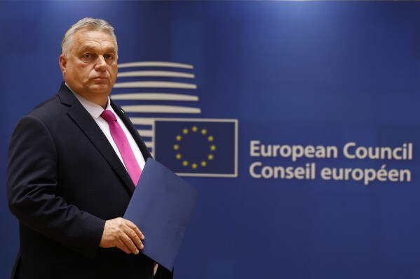 FILE - Hungary's Prime Minister Viktor Orban arrives for a round table meeting at an EU summit in Brussels, on Oct. 26, 2023. Hungary's prime minister said Friday, Nov. 10, 2023, he does not support moving forward on negotiations on Ukraine's future membership in the European Union, signalling again that his country could pose a major roadblock to Kyiv's ambitions to join the bloc. (AP Photo/Omar Havana)