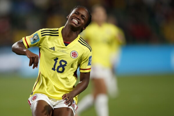Colombia's Linda Caicedo grimaces during the Women's World Cup Group H soccer match between Morocco and Colombia in Perth, Australia, Thursday, Aug. 3, 2023. (AP Photo/Gary Day)