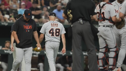 Detroit Tigers starting pitcher Matthew Boyd (48) leaves a baseball game during the first inning against the Texas Rangers in Arlington, Texas, Monday, June 26, 2023. (AP Photo/LM Otero)