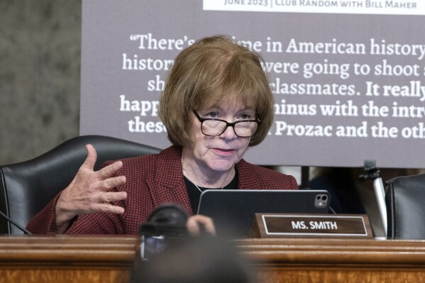 Sen. Tina Smith, D-Minn., speaks during a confirmation hearing at the Capitol in Washington, Jan. 29, 2025. (AP Photo/Jose Luis Magana, File)