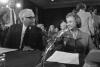 FILE - Sen. Barry Goldwaterm, R-Ariz., and Supreme Court nominee Judge Sandra Day O'Connor chat prior to the start of her confirmation hearings before the Senate Judiciary Committee, Sept. 9, 1981 on Capitol Hill in Washington.(AP Photo)