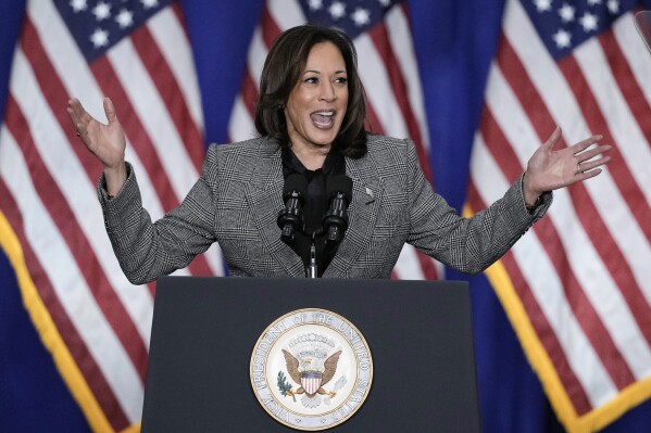 FILE - Vice President Kamala Harris speaks at the International Union of Painters and Allied Trades District Council 7, Monday, Jan. 22, 2024, in Big Bend, Wis. Harris plans to return to Wisconsin next week for her third visit to the battleground state this year. President Joe Biden's campaign announced Thursday, April 18, that Harris plans to campaign in La Crosse on Monday at an event focused on abortion rights (AP Photo/Morry Gash, File)