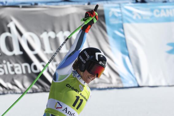 Slovenia's Ilka Stuhec gets to the finish area after completing an alpine ski, women's World Cup downhill in Soldeu, Andorra, Wednesday, March 15, 2023. (AP Photo/Alessandro Trovati)