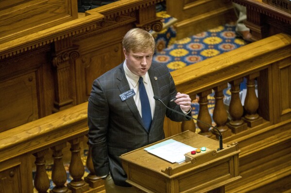 FILE - Senate Appropriations Committee Chairman Sen. Blake Tillery, R-Vidalia, speaks in the Senate chambers at the Georgia State Capitol building in Atlanta, Thursday, Feb. 11, 2021. Tillery on Thursday, Feb. 22, 2024 said House and Senate negotiators are close to agreeing on budget amendments for Georgia's current fiscal year. (Alyssa Pointer/Atlanta Journal-Constitution via AP, File)