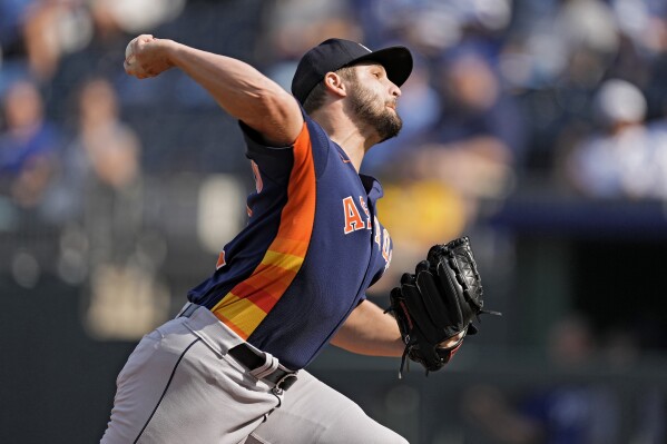 Houston Astros relief pitcher Kendall Graveman throws during the ninth inning of a baseball game against the Kansas City Royals Sunday, Sept. 17, 2023, in Kansas City, Mo. The Astros won 7-1. (AP Photo/Charlie Riedel)