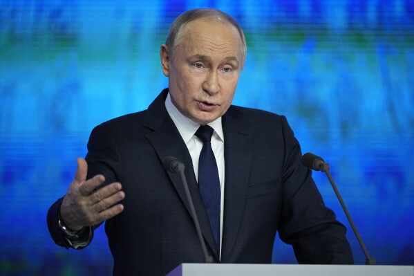 Russian President Vladimir Putin speaks during a meeting with his election campaign activists in Moscow, Russia, Wednesday, Jan. 31, 2024. Presidential elections are scheduled in Russia for March 17. (AP Photo/Alexander Zemlianichenko, Pool)