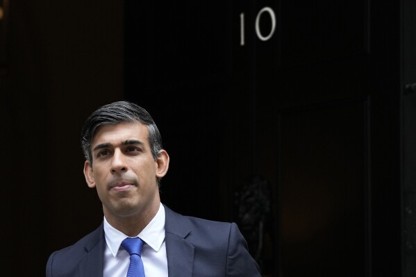 Britain's Prime Minister Rishi Sunak leaves 10 Downing Street to attend the weekly Prime Ministers' Questions session in parliament in London, Wednesday, Oct. 25, 2023. (AP Photo/Frank Augstein)