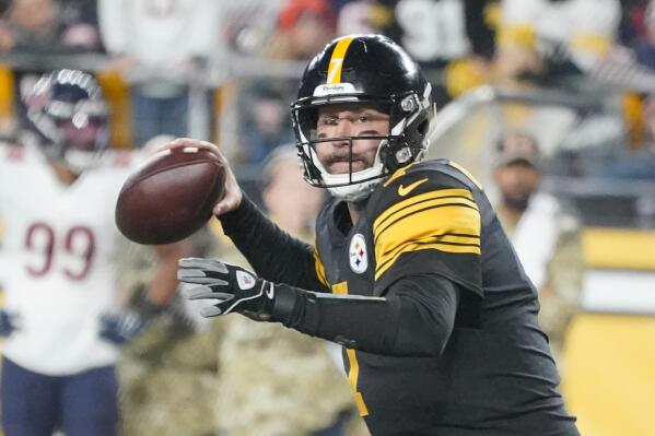 Pittsburgh Steelers quarterback Ben Roethlisberger (7) looks to pass against the Chicago Bears during the first half of an NFL football game, Monday, Nov. 8, 2021, in Pittsburgh. (AP Photo/Gene J. Puskar)