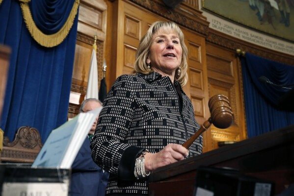 FILE - Massachusetts Senate President Karen Spilka speaks at the Statehouse in Boston on Jan. 3, 2019. Top Democrats in the Massachusetts Senate unveiled legislation Thursday, March 7, 2024 that they said would help make early education and child care more accessible and affordable at a time when the cost of child care has posed a financial hurdle for families in the state. The bill would make permanent grants that provide monthly payments directly to early education and child care providers. (AP Photo/Michael Dwyer, File)