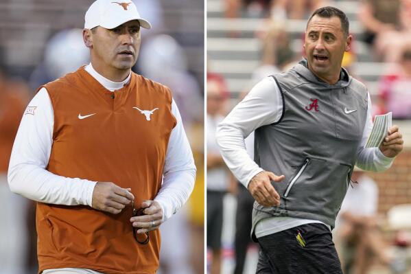 FILE - At left, Texas head coach Steve Sarkisian walks on the field before an NCAA college football game against Iowa State, Saturday, Nov. 6, 2021, in Ames, Iowa. At right, Alabama offensive coordinator Steve Sarkisian works with his players in drills at Alabama's fall camp fan-day college football scrimmage, Saturday, Aug. 3, 2019, in Tuscaloosa, Ala. Sarkisian left his job as an Alabama assistant to be the head coach at Texas in January 2021 and quickly blazed a 735-mile trail from Tuscaloosa to Austin for others to follow. (AP Photo/File)