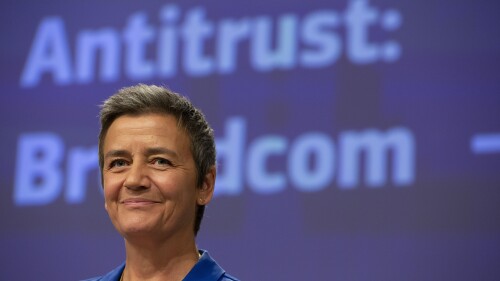 FILE - European Commissioner for Competition Margrethe Vestager speaks during a media conference regarding an anti-trust decision on Broadcom at EU headquarters in Brussels, Wednesday, Oct. 16, 2019. Computer chip and software maker Broadcom's $61 billion proposed purchase of cloud technology company VMware got the green light on Wednesday, July 12, 2023, from European Union regulators who were satisfied by concessions to ease competition fears. (AP Photo/Virginia Mayo, File)