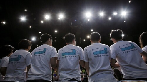 FILE - Members of Hong Kong teen activist Joshua Wong's new political party Demosisto is officially unveiled during a press conference in Hong Kong, Sunday, April 10, 2016. Hong Kong national security police on Wednesday, July 5, 2023, arrested four men on suspicion of conspiring to collude with foreign forces and commit acts with seditious intent, escalating a high-profile crackdown on dissidents in the semi-autonomous Chinese city. Local media outlets are quoted saying the four were former members of the defunct pro-democracy party Demosisto. (AP Photo/Vincent Yu, File)