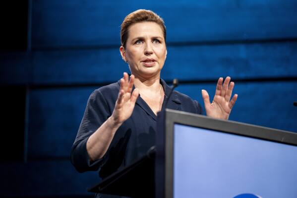 Denmark's Prime Minister Mette Frederiksen speaks at the Copenhagen Democracy Summit in Copenhagen, Tuesday, May 14, 2024. (Ida Marie Odgaard/Ritzau Scanpix via AP)