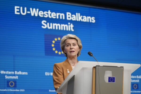 European Commission President Ursula von der Leyen addresses a media conference after an EU-Western Balkans summit at the European Council building in Brussels, Wednesday, Dec. 13, 2023. European Union and Western Balkans leaders met in Brussels Wednesday to discuss political and policy engagement, economic foundations and the impact of Russian aggression against Ukraine. (AP Photo/Virginia Mayo)