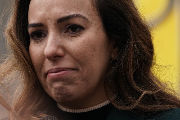 Julian Assange's wife Stella Assange speaks outside the Royal Courts of Justice in London on Tuesday, Feb. 20, 2024.  WikiLeaks founder Julian Assange will make his final appeal in court against his impending extradition to the United States.  (AP Photo/Alberto Pezzali)