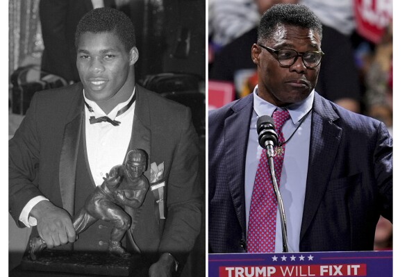 At left, Heisman Trophy winner Herschel Walker attends an award banquet Dec. 9, 1982, in New York, and at right speaks during a campaign rally for Republican presidential candidate former President Donald Trump, Nov. 3, 2024, in Macon, Ga. (AP Photo/File)