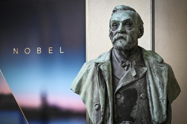 FILE - A bust of Alfred Nobel is displayed at the Karolinska Institute in Stockholm, on Oct. 3, 2022. The ambassadors of Russia and Belarus have been excluded from this year's Nobel Prize ceremony in Stockholm because of the war in Ukraine. (Henrik Montgomery/TT News Agency via AP, File)