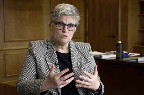Hennepin County Attorney Mary Moriarty explains her progressive approach to prosecutions, June 19, 2024, at her office in Minneapolis, Minn. (AP Photo/Mark Vancleave, File)