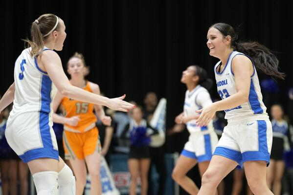 Middle Tennessee forward Kseniya Malashka (5) and Courtney Whitson (33), right, celebrate a three-point shot made by Whitson in the second half of an NCAA college basketball game against UTEP in the semifinals of the Conference USA Tournament, Friday, March 10, 2023, in Frisco, Texas. (AP Photo/Tony Gutierrez)