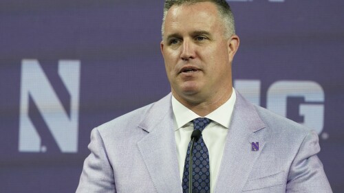FILE - Northwestern head coach Pat Fitzgerald talks to reporters during an NCAA college football news conference at the Big Ten Conference media days, at Lucas Oil Stadium, Tuesday, July 26, 2022, in Indianapolis. Northwestern has suspended coach Pat Fitzgerald for two weeks without pay following an investigation into alleged hazing within the football program. Fitzgerald started serving his suspension on Friday, July 7, 2023. (AP Photo/Darron Cummings, File)