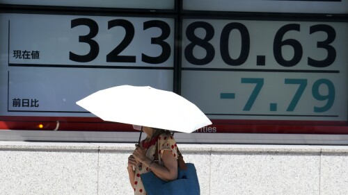 A person walks past an electronic stock board showing Japan's Nikkei 225 index at a securities firm Monday, July 10, 2023, in Tokyo. Asian shares got the week off to a slow start, with mixed trading Monday as China reported wholesale prices fell in June, amid other signs the economy is slowing. (AP Photo/Eugene Hoshiko)