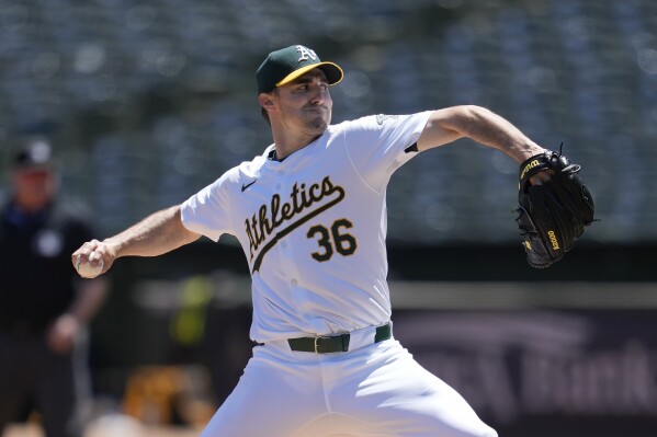 Oakland Athletics pitcher Ross Stripling works against the Pittsburgh Pirates during the first inning of a baseball game in Oakland, Calif., Wednesday, May 1, 2024. (AP Photo/Jeff Chiu)